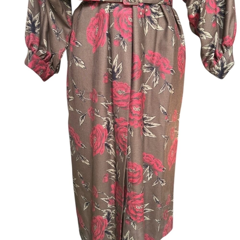 Rickie Freeman Teri Jon Belted 100% Wool Dress Women’s 14 Red Rose Print Brown - Picture 14 of 16